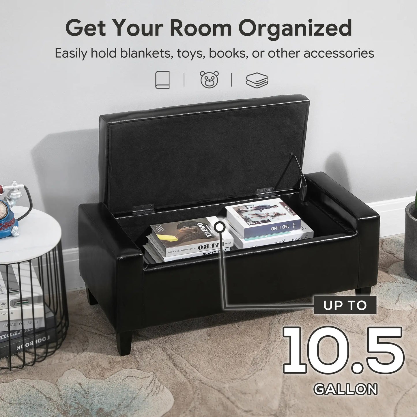 Storage Ottoman Bench, PU Leather Upholstered, Tufted Design, Black Storage Ottomans & Benches at Gallery Canada