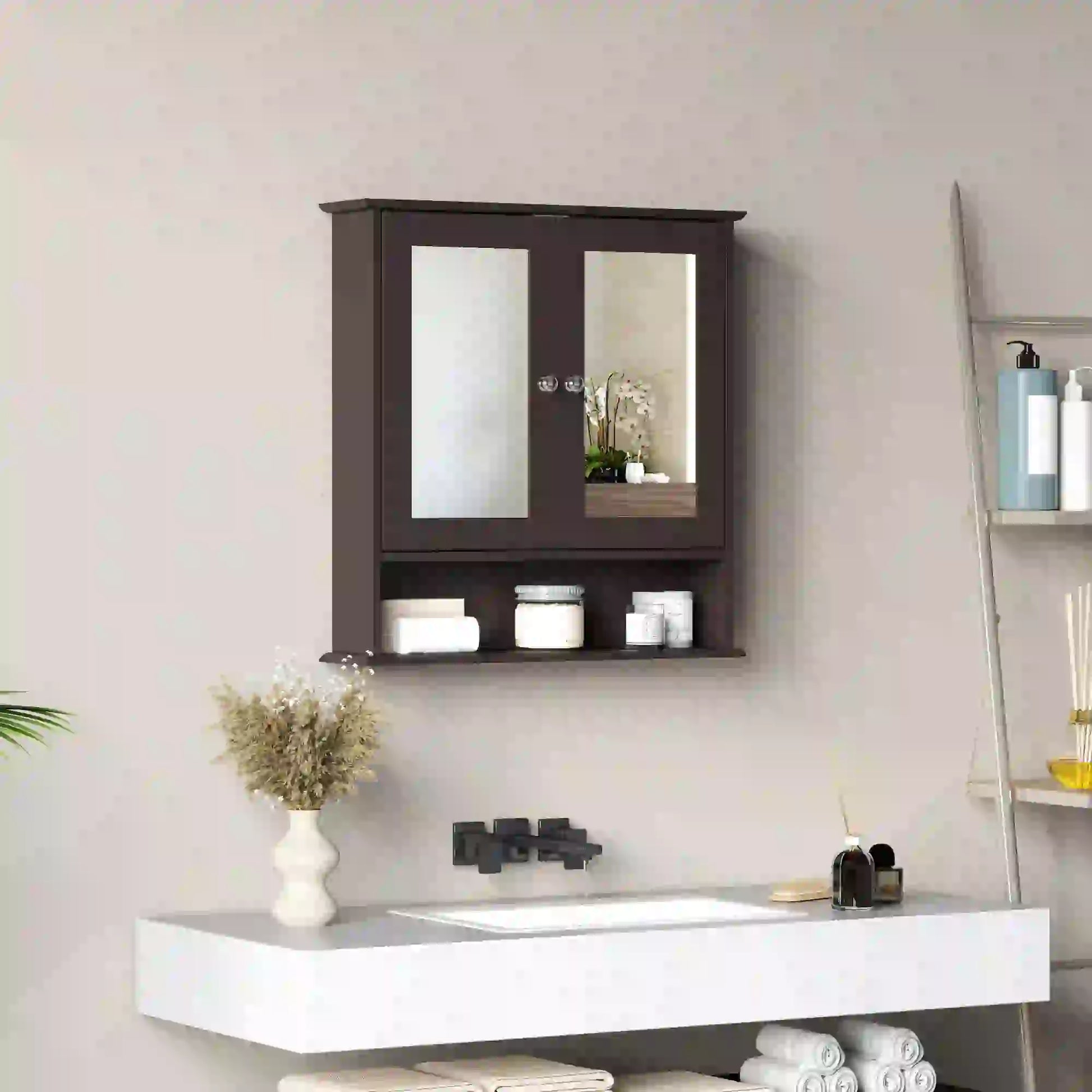 Wall-Mounted Medicine Cabinet, Double Doors, Open Shelf, Adjustable, Dark Brown Mirror Medicine Cabinets at Gallery Canada