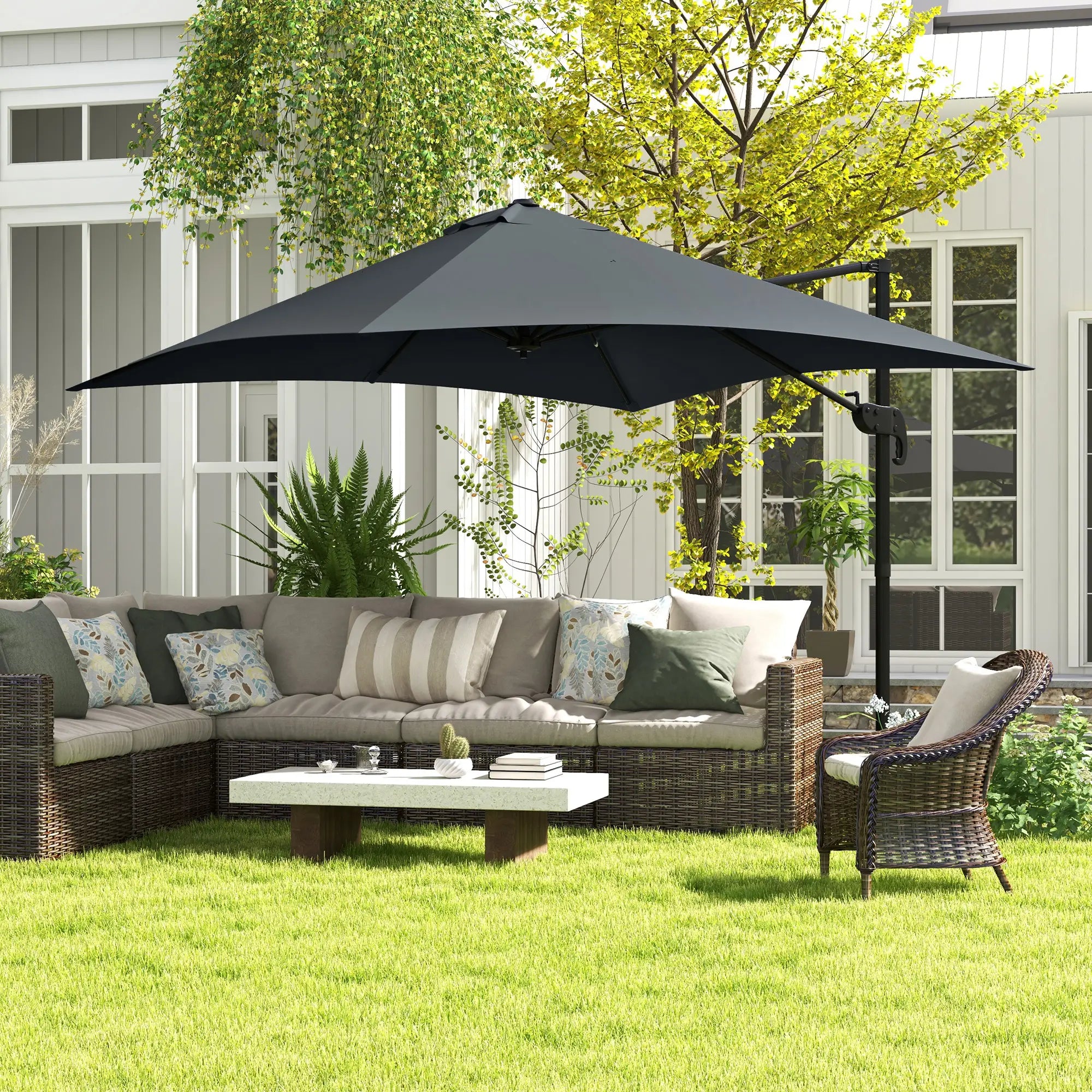10x10ft Rotatable Square Cantilever Umbrella, 4 Adjustable Angles, Dark Grey Cantilever Umbrellas at Gallery Canada