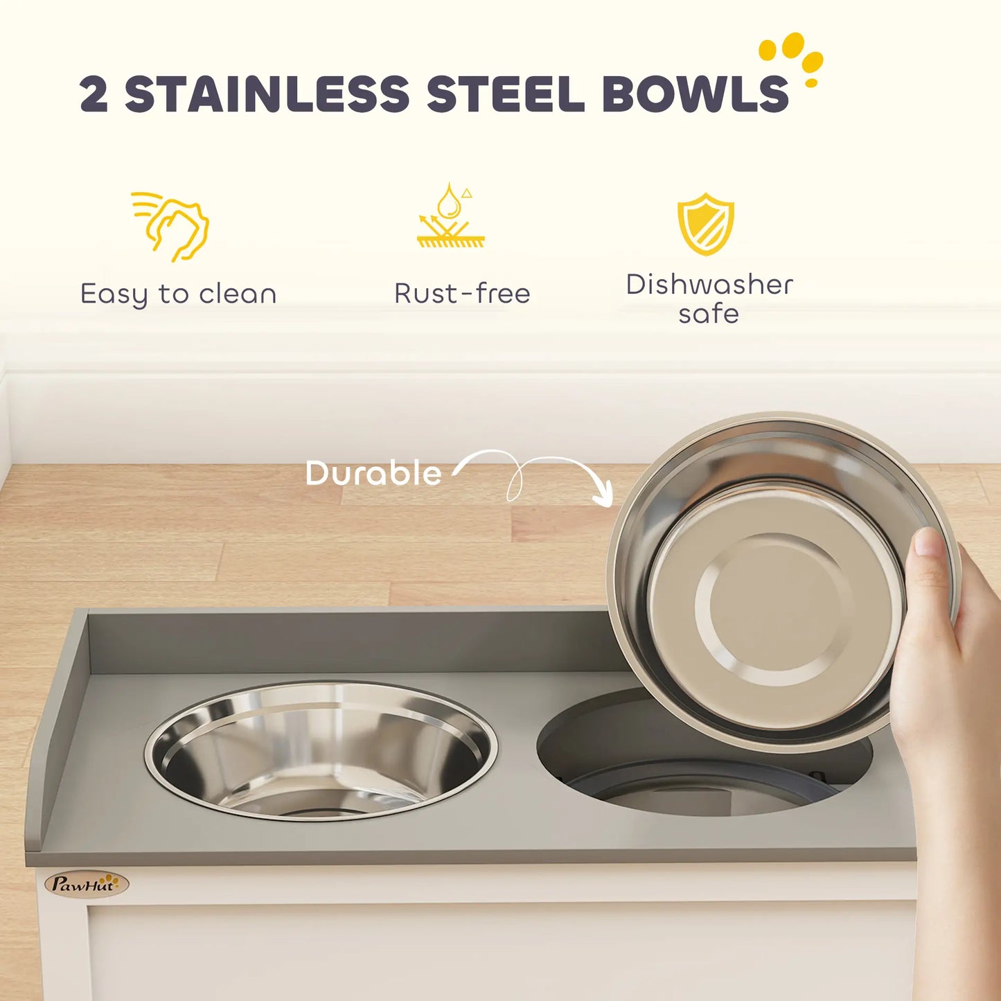 Raised Dog Bowls Feeding Station, 2 Stainless Steel Bowls, 23.6"x11.8"x14.2", White Dog Bowls at Gallery Canada