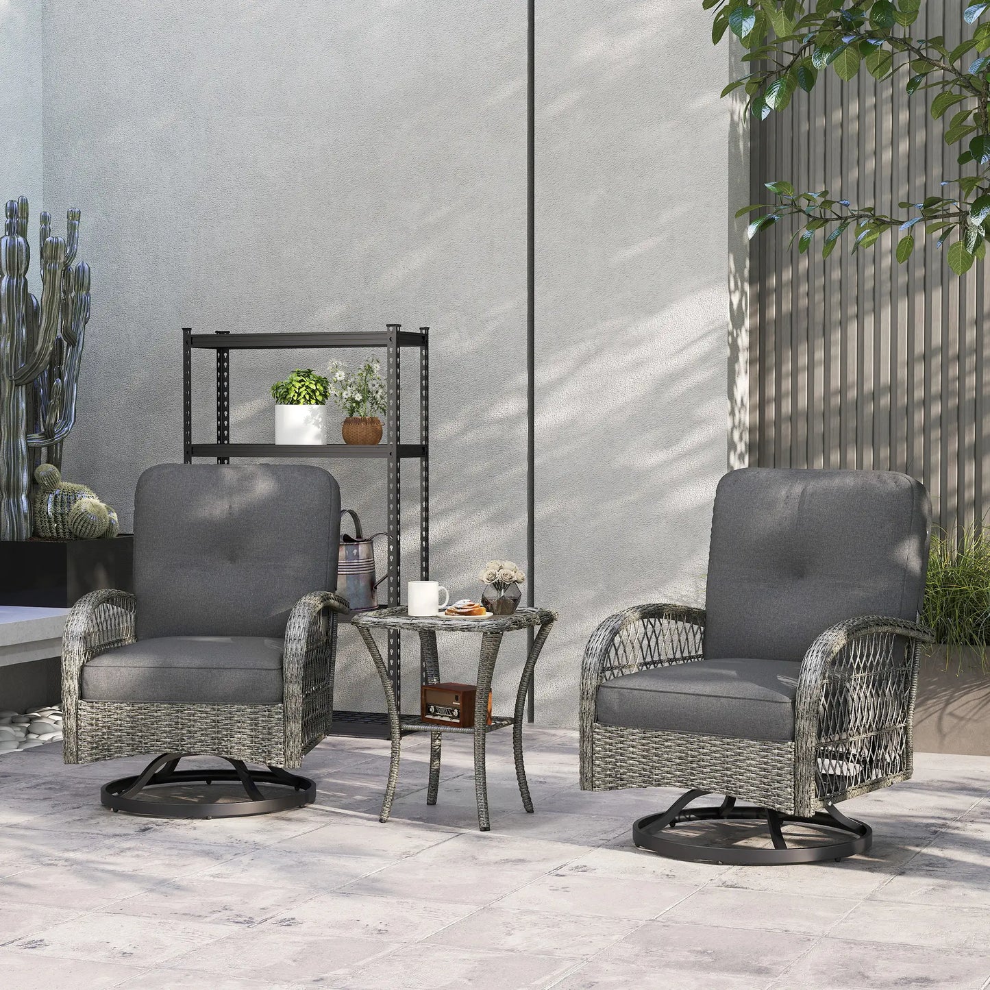 Wicker Balcony Furniture, 3 Piece Patio Set, 2 Swivel Rocking Chairs, 2-Tier Glass Coffee Table, Grey Bistro Sets at Gallery Canada