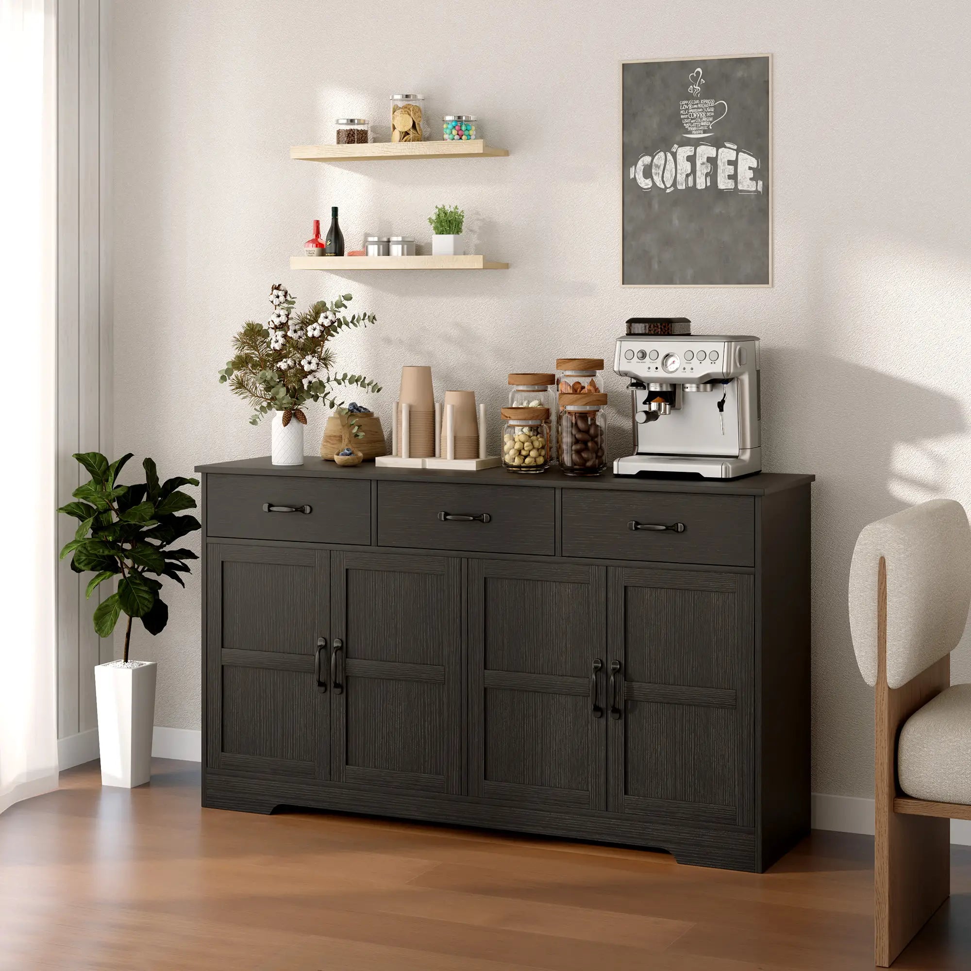 Modern Sideboard Buffet Cabinet, 3 Drawers, Adjustable Shelves, Distressed Black, Black Bar Cabinets at Gallery Canada