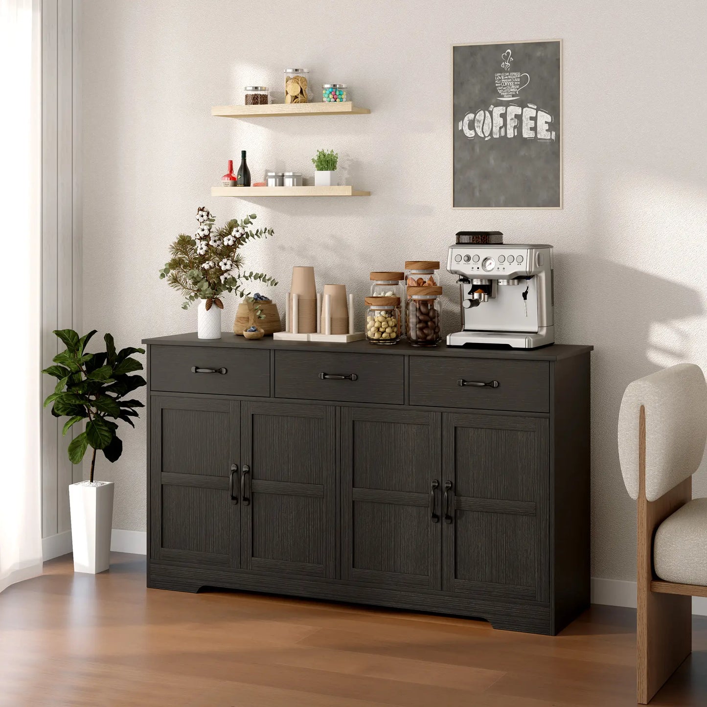 Modern Sideboard Buffet Cabinet, 3 Drawers, Adjustable Shelves, Distressed Black, Black Bar Cabinets at Gallery Canada