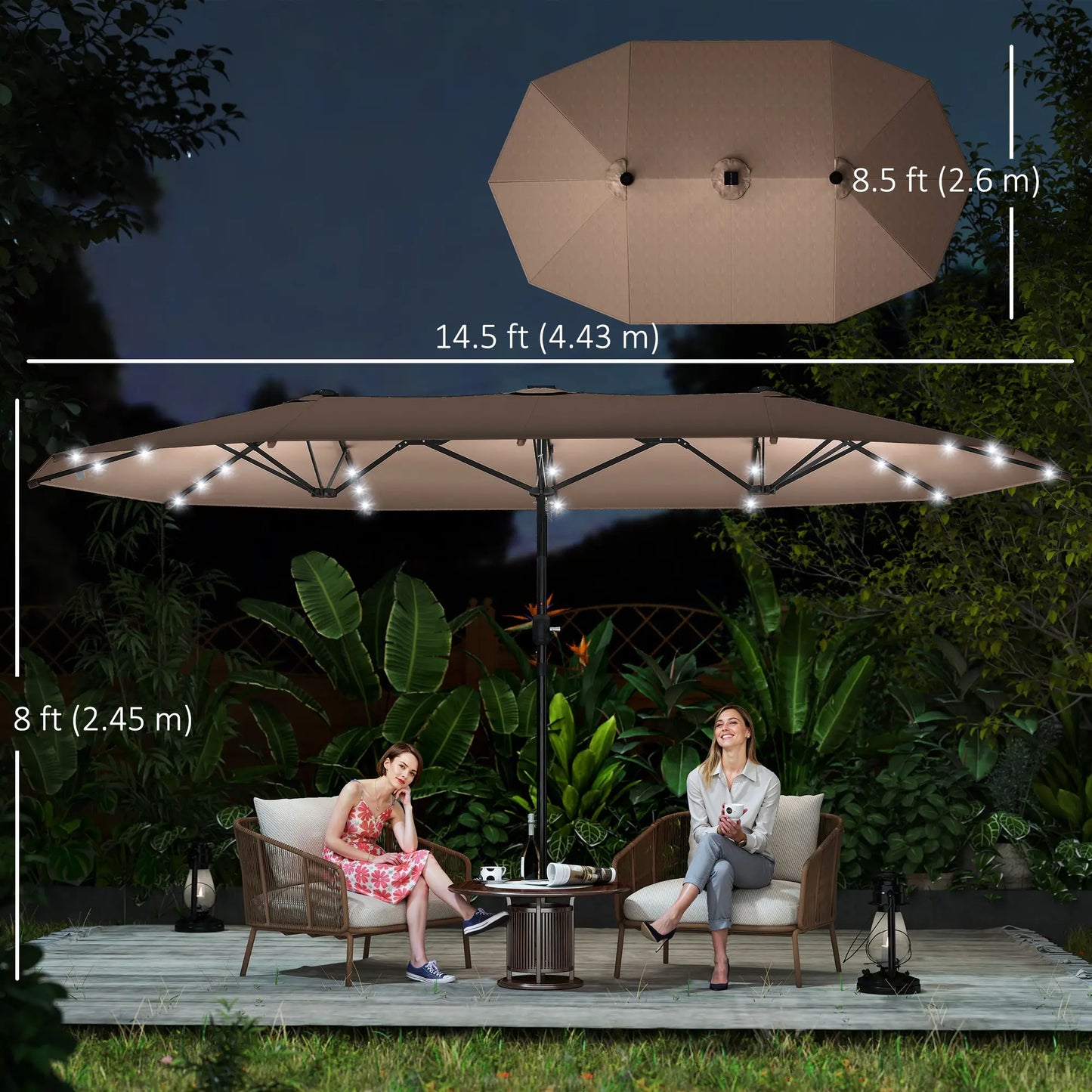 174" Double-Sided Sun Umbrella, Patio Sun Shade, Solar LED Light, Khaki Double-sided Umbrellas at Gallery Canada