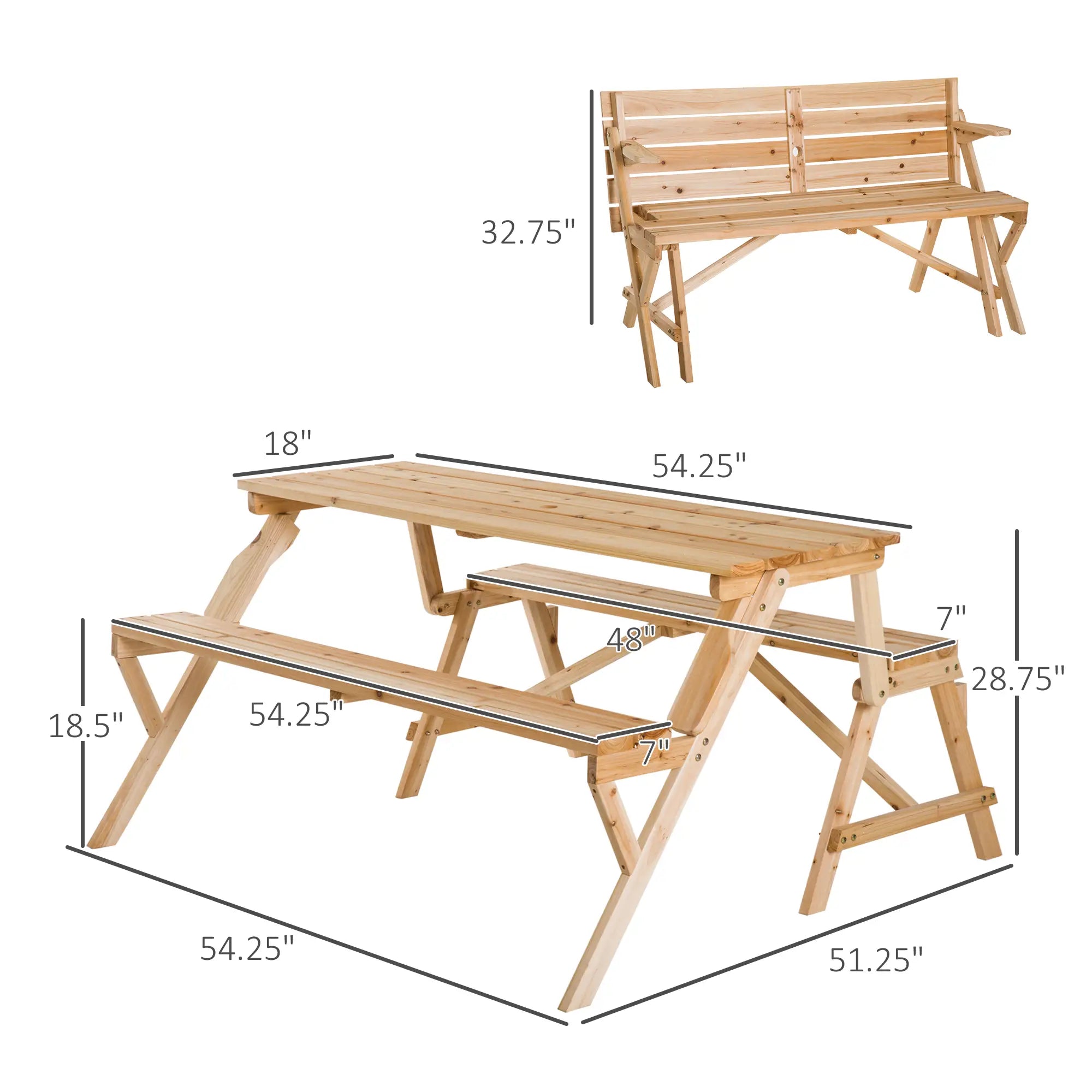 Wooden Folding Picnic Table with Benches, Outdoor Convertible Patio Garden Bench, Umbrella Hole Outdoor Dining Sets at Gallery Canada