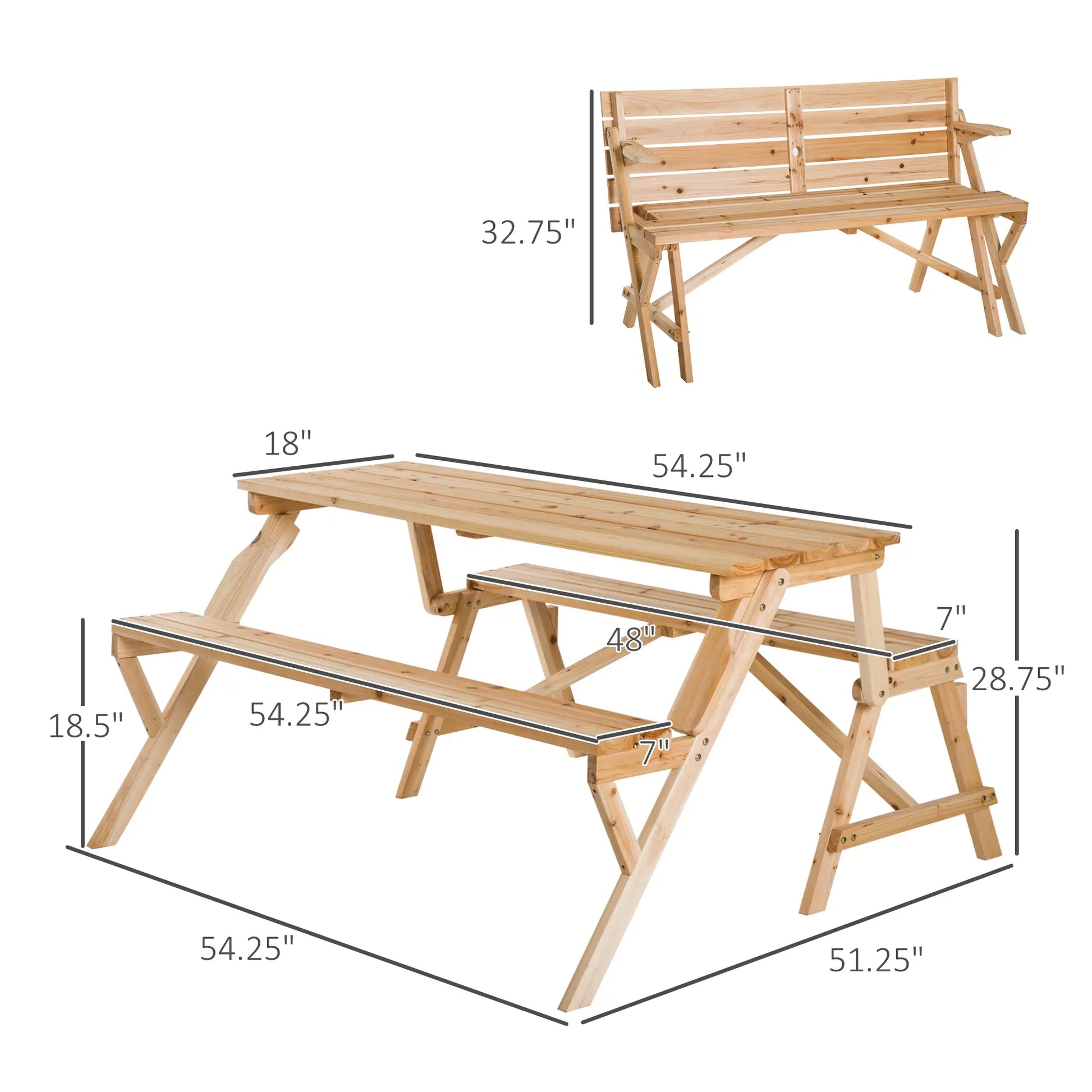 Wooden Folding Picnic Table with Benches, Outdoor Convertible Patio Garden Bench, Umbrella Hole Outdoor Dining Sets at Gallery Canada