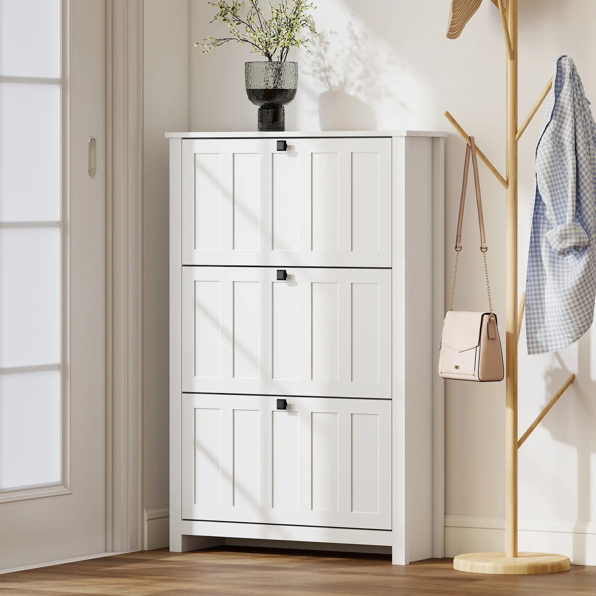 Slim Shoe Cabinet, 3 Flip Drawers, Adjustable Shelves, Holds 18 Pairs, White Shoe Storage Cabinets & Racks at Gallery Canada