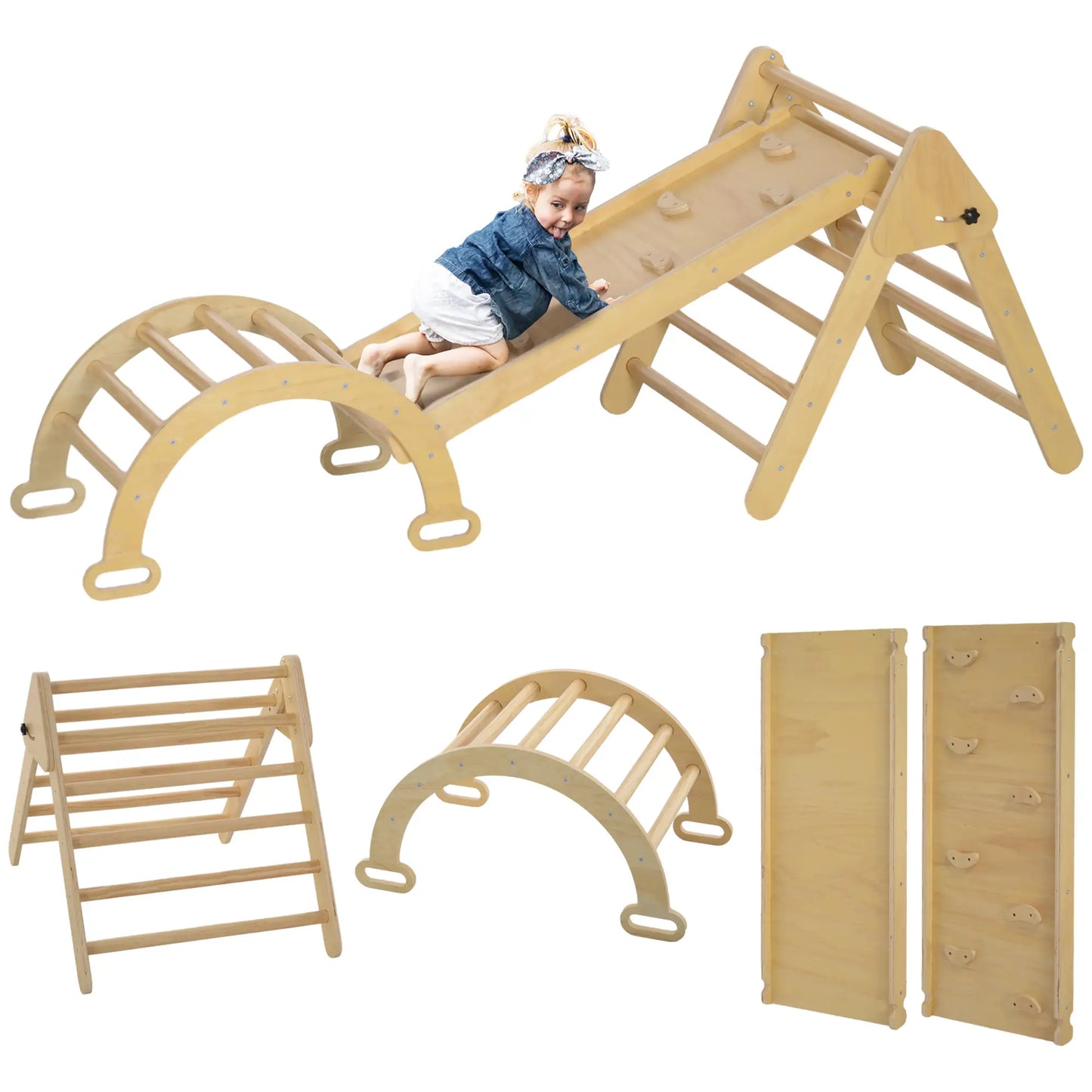 5 in 1 Pikler Triangle Set, Ladder, Ramp, Arch, 18-48 Months, Nature Wood Baby Gym & Playmats at Gallery Canada