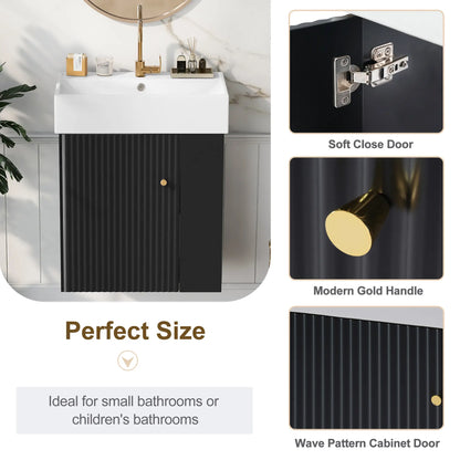 Floating Bathroom Vanity, Ceramic Basin, Right Storage, 21.5" L x 12" W x 26.5" H, Black+White Sink Cabinets at Gallery Canada