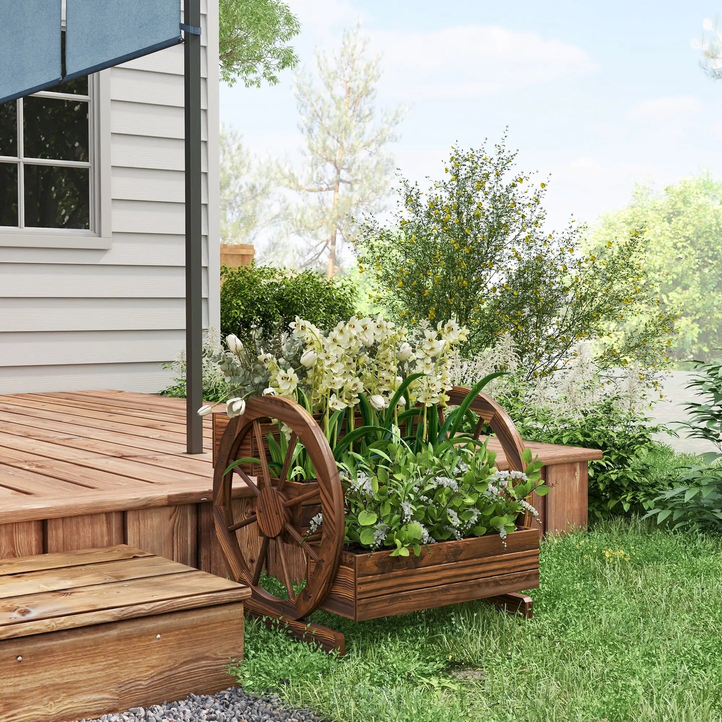 Wooden Wagon Planter Box, 3-Tier Raised Garden Bed, 24" x 24" x 22", Carbonized