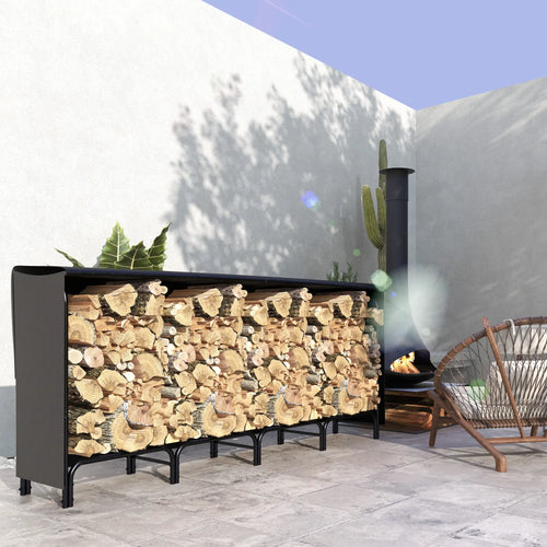 8ft Outdoor Firewood Rack With Cover, Adjustable Wood Storage, Black