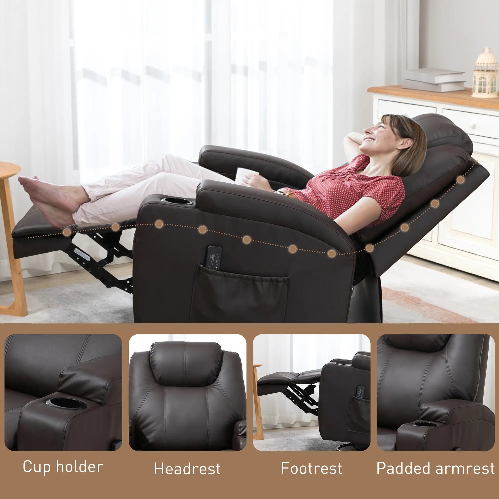 Massage Recliner Chair, Swivel Rocker, 8 Vibration Points, PU Leather, Brown Single Sofas at Gallery Canada