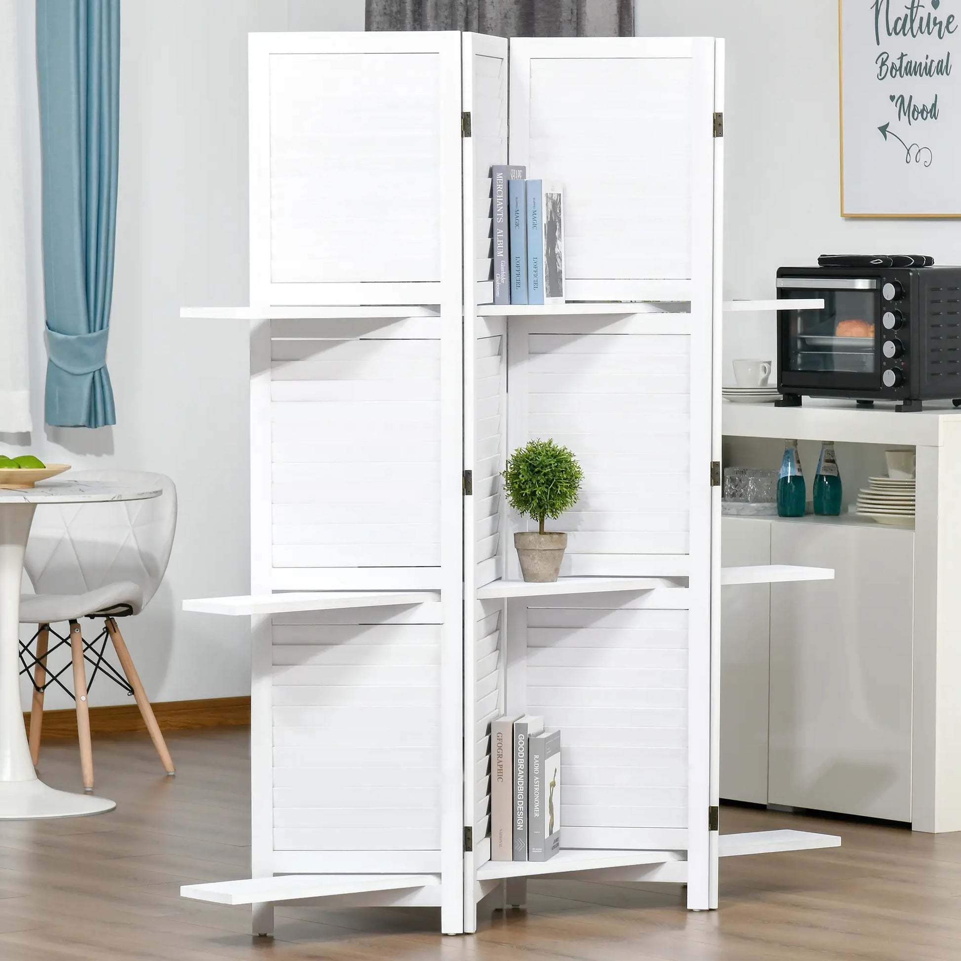 4-Panel Wall Partition, 3 Storage Shelves, Foldable, Wooden Frame, 5.6FT, White Room Dividers at Gallery Canada