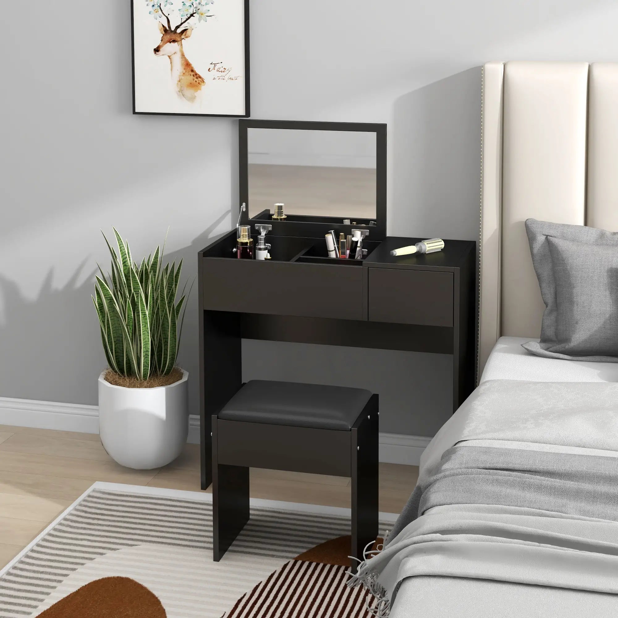 Modern Vanity Set with Flip Top Mirror, Cushioned Stool, Black Dressing & Vanity Tables at Gallery Canada
