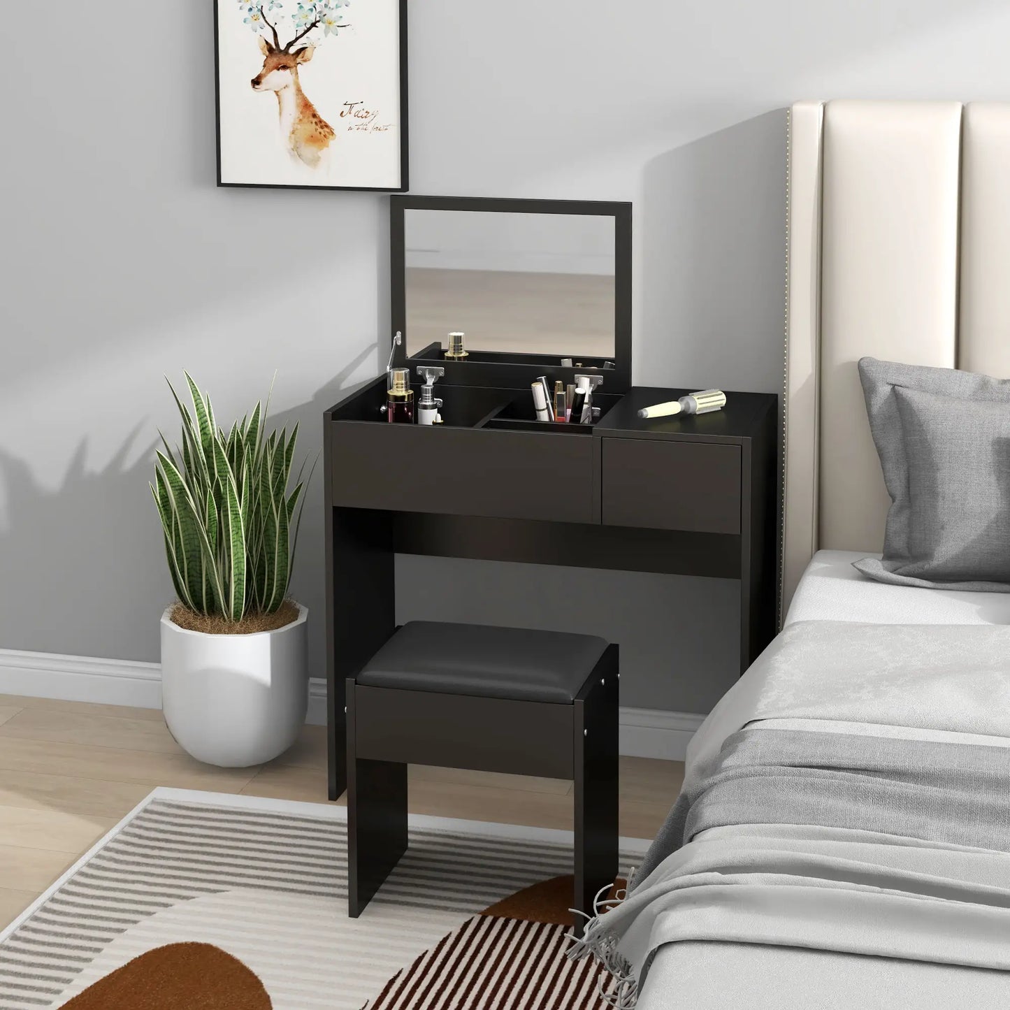 Modern Vanity Set with Flip Top Mirror, Cushioned Stool, Black Dressing & Vanity Tables at Gallery Canada
