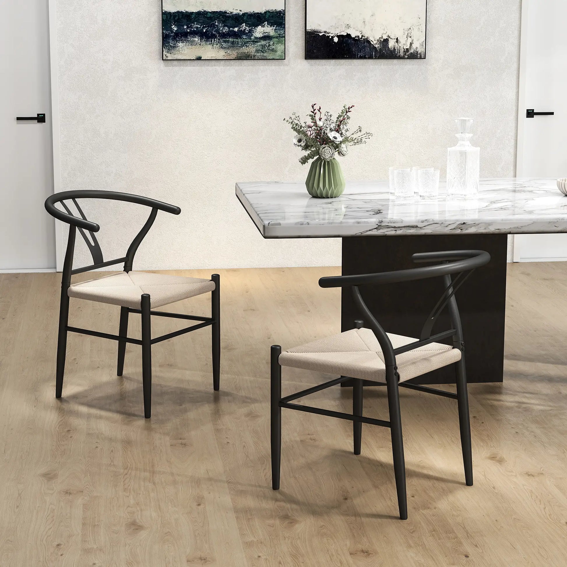 Set of 2 Weave Dining Chairs, Mid-Century Modern, Y-Shaped Backrest, Hemp Seat, Black Dining Chairs at Gallery Canada