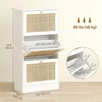 Rattan Shoe Storage Cabinet, 3 Flip Drawers, Adjustable Shelves, 18 Pairs, White Shoe Storage Cabinets & Racks at Gallery Canada