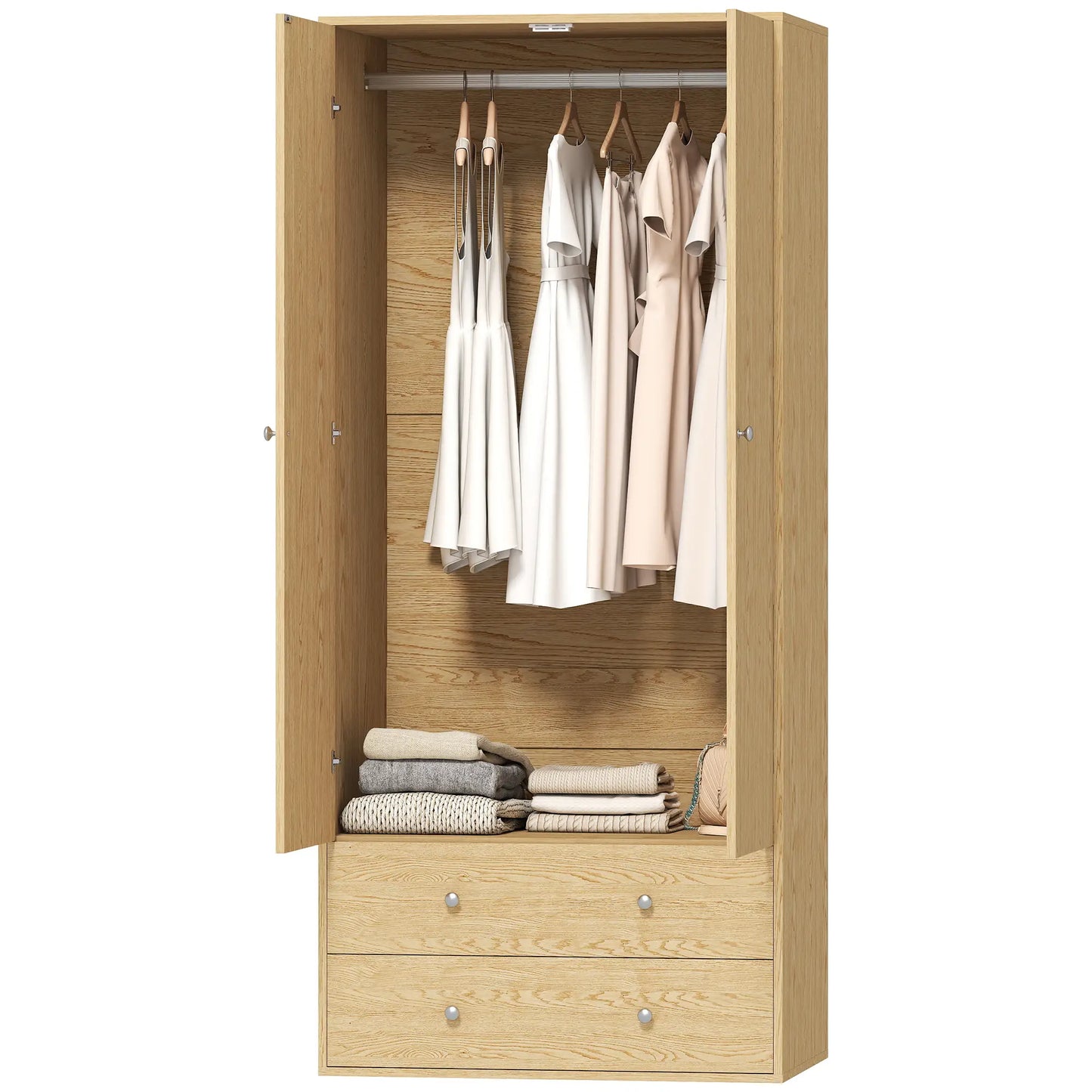 Modern Wardrobe Closet, 2 Drawers, Hanging Rod, Natural Wood Clothing Storage Natural at Gallery Canada