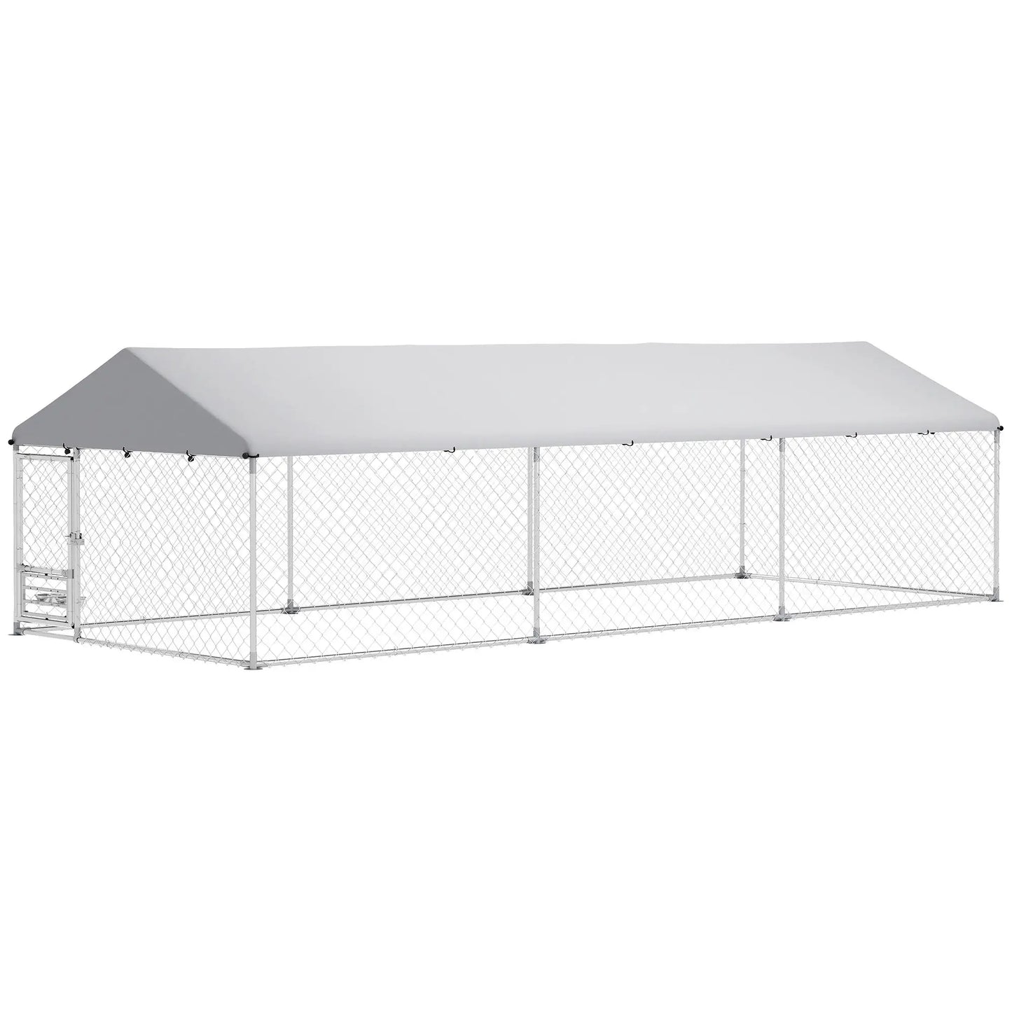 Outdoor Dog Run, Adjustable Rotating Bowls, Waterproof Cover, 19.7' x 7.5' x 5.2' Houses, Kennels & Pens Silver at Gallery Canada