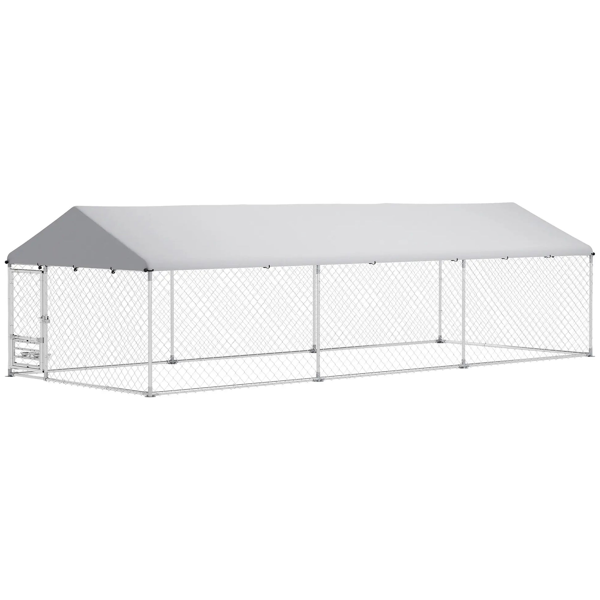 Outdoor Dog Run, Adjustable Rotating Bowls, Waterproof Cover, 19.7' x 7.5' x 5.2' Houses, Kennels & Pens Silver at Gallery Canada
