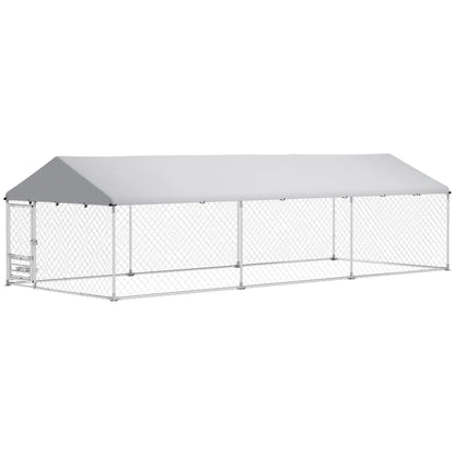 Outdoor Dog Run, Adjustable Rotating Bowls, Waterproof Cover, 19.7' x 7.5' x 5.2' Houses, Kennels & Pens Silver at Gallery Canada