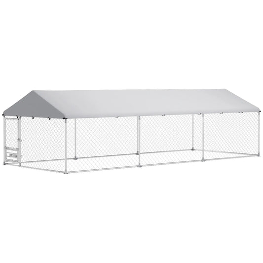 Outdoor Dog Run, Adjustable Rotating Bowls, Waterproof Cover, 19.7' x 7.5' x 5.2' Houses, Kennels & Pens Silver at Gallery Canada