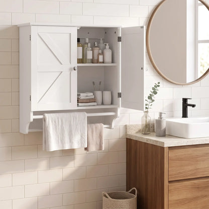 Bathroom Wall Cabinet with Adjustable Shelf, 2 Doors, Towel Racks, White