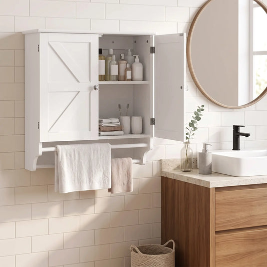 Bathroom Wall Cabinet with Adjustable Shelf, 2 Doors, Towel Racks, White