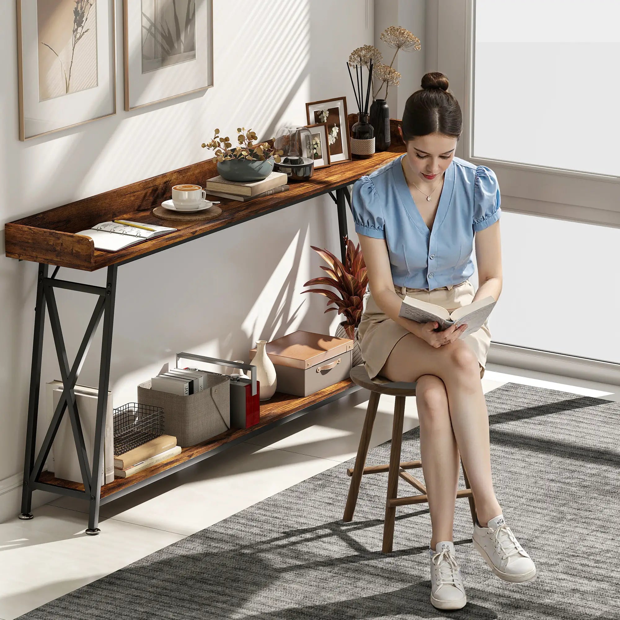 71 Inch Extra Long Console Table with Storage Shelf, Rustic Brown Console Tables at Gallery Canada