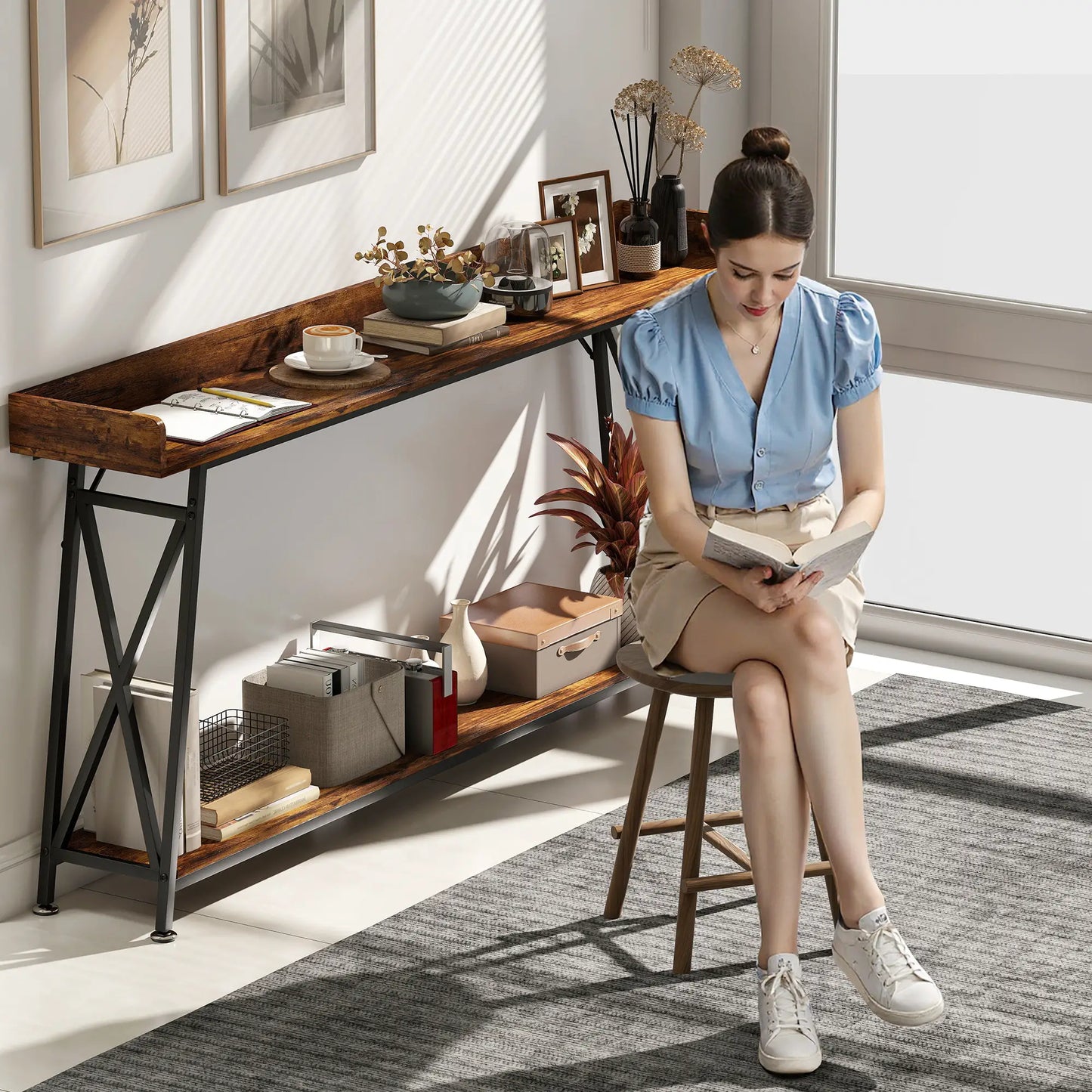 71 Inch Extra Long Console Table with Storage Shelf, Rustic Brown Console Tables at Gallery Canada
