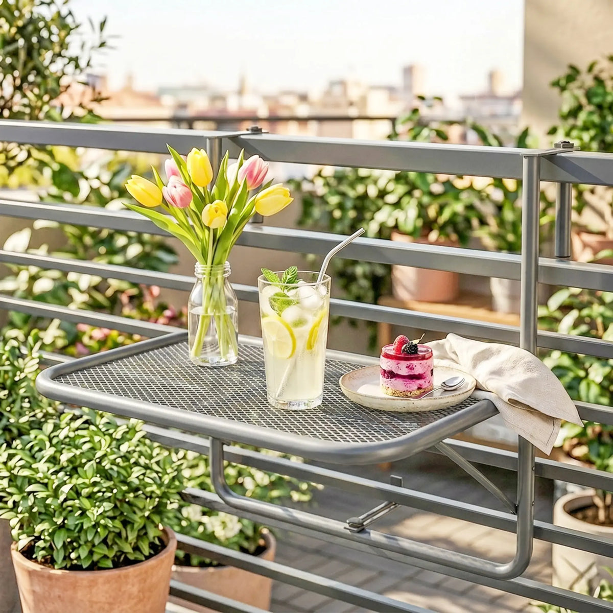 Table suspendue ajustable pour balcon, Bureau mural en métal, Support pour fleurs extérieur, Gris