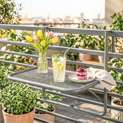 Table suspendue ajustable pour balcon, Bureau mural en métal, Support pour fleurs extérieur, Gris