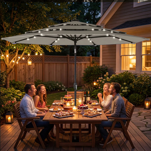 9.3 ft Outdoor Patio Umbrella, Solar LED Lights, Cover, Grey
