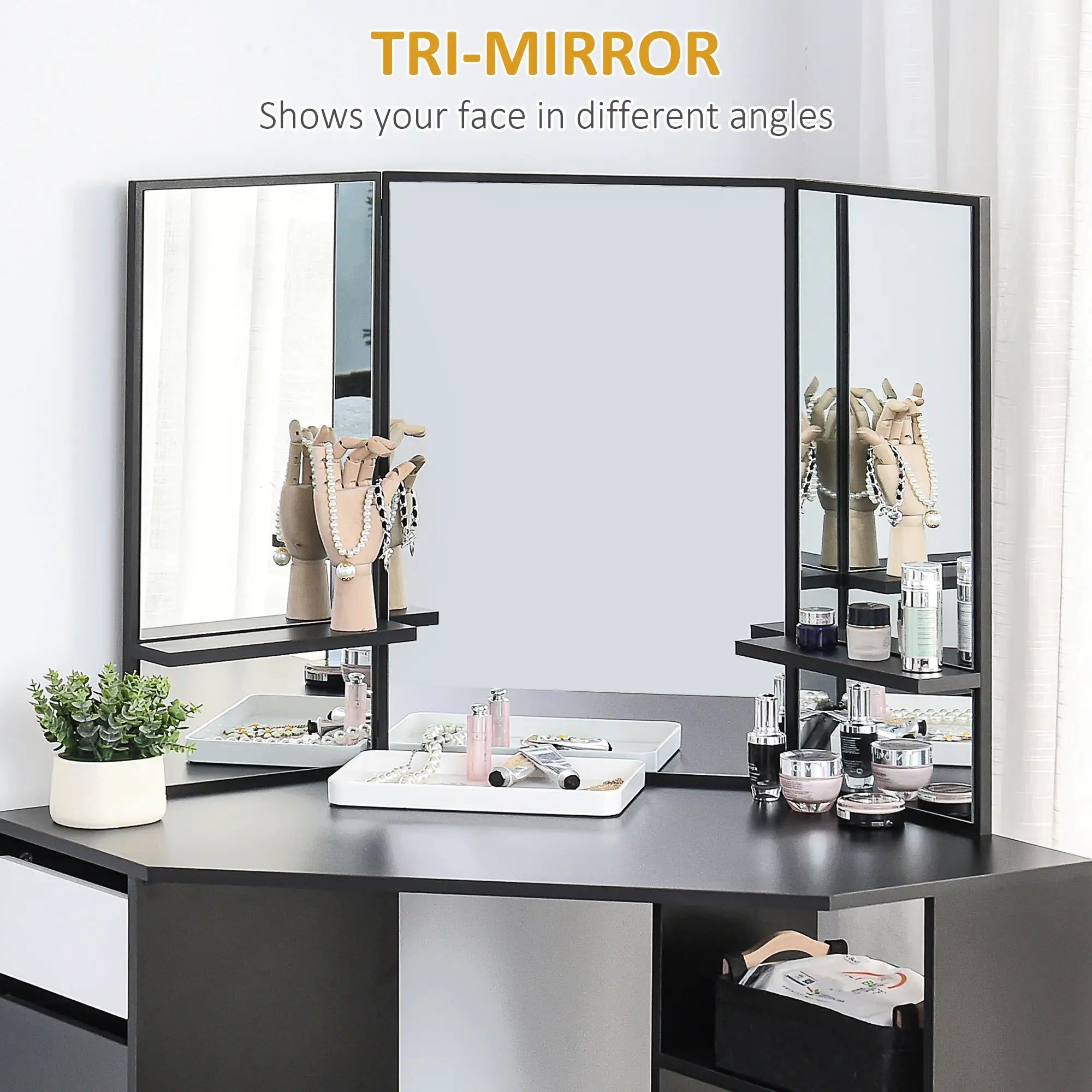 Corner Vanity Desk with Mirror, 5 Drawers, 3-Piece Mirror, Black Dressing & Vanity Tables at Gallery Canada