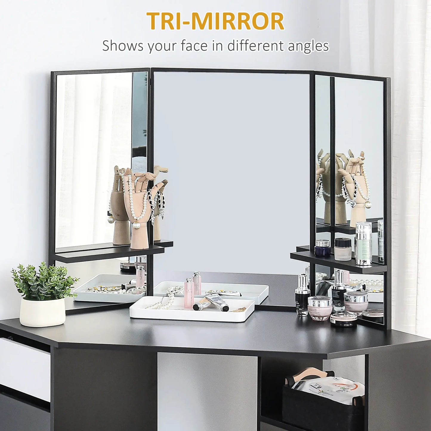 Corner Vanity Desk with Mirror, 5 Drawers, 3-Piece Mirror, Black Dressing & Vanity Tables at Gallery Canada