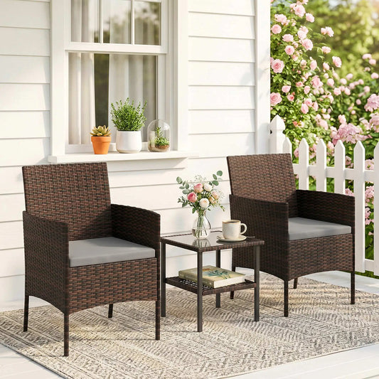 3 Piece Wicker Bistro Set, 2-Tier Glass Top Table, Dark Grey Patio Furniture Sets Brown, Dark Grey at Gallery Canada