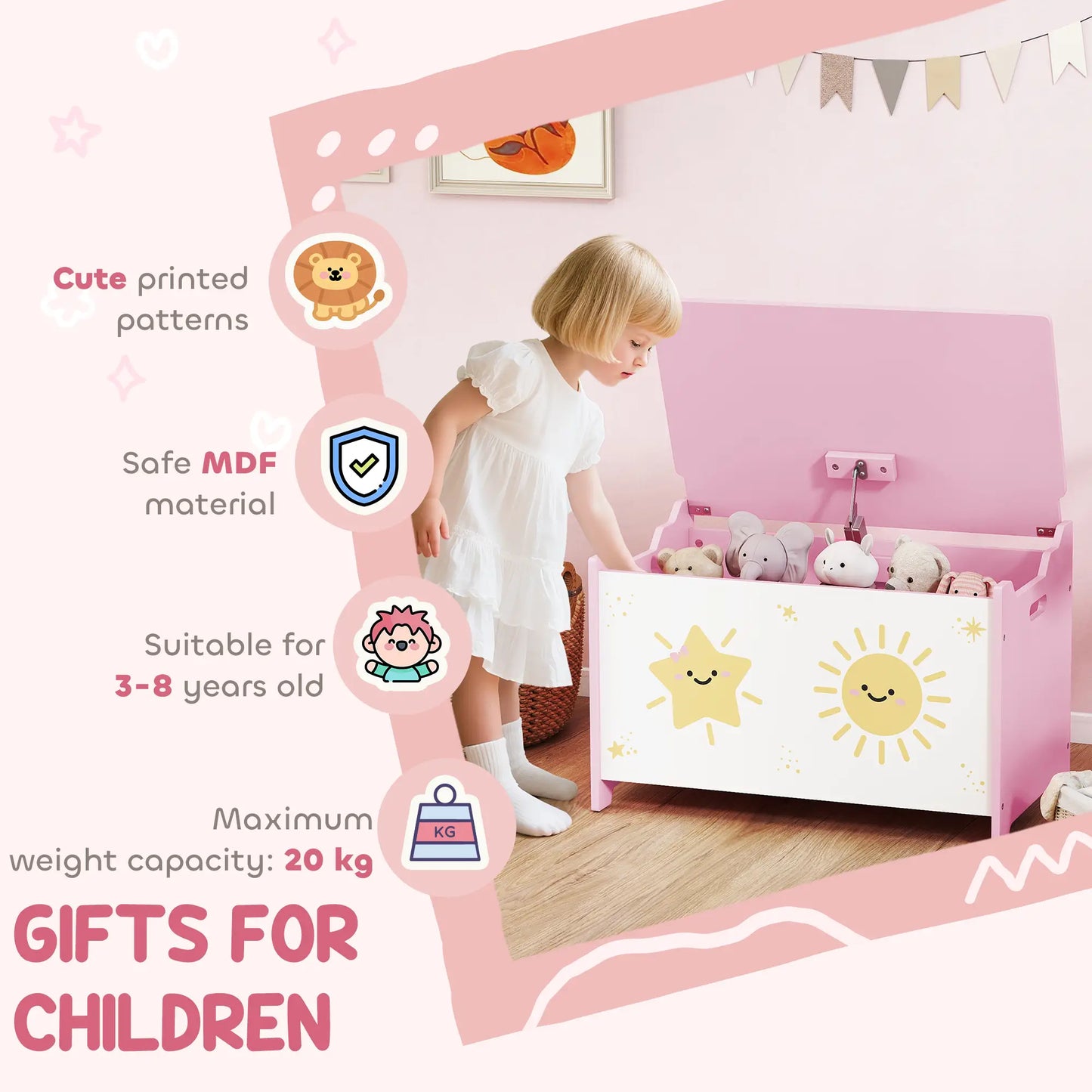 Toy Chest with Lid, Safety Hinges, Groove Handles, Pink Baby & Kids Storage at Gallery Canada