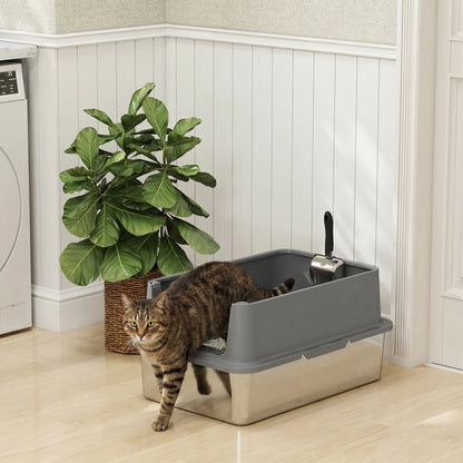 XL Stainless Steel Cat Litter Box, High Wall, Odor Free, Steel