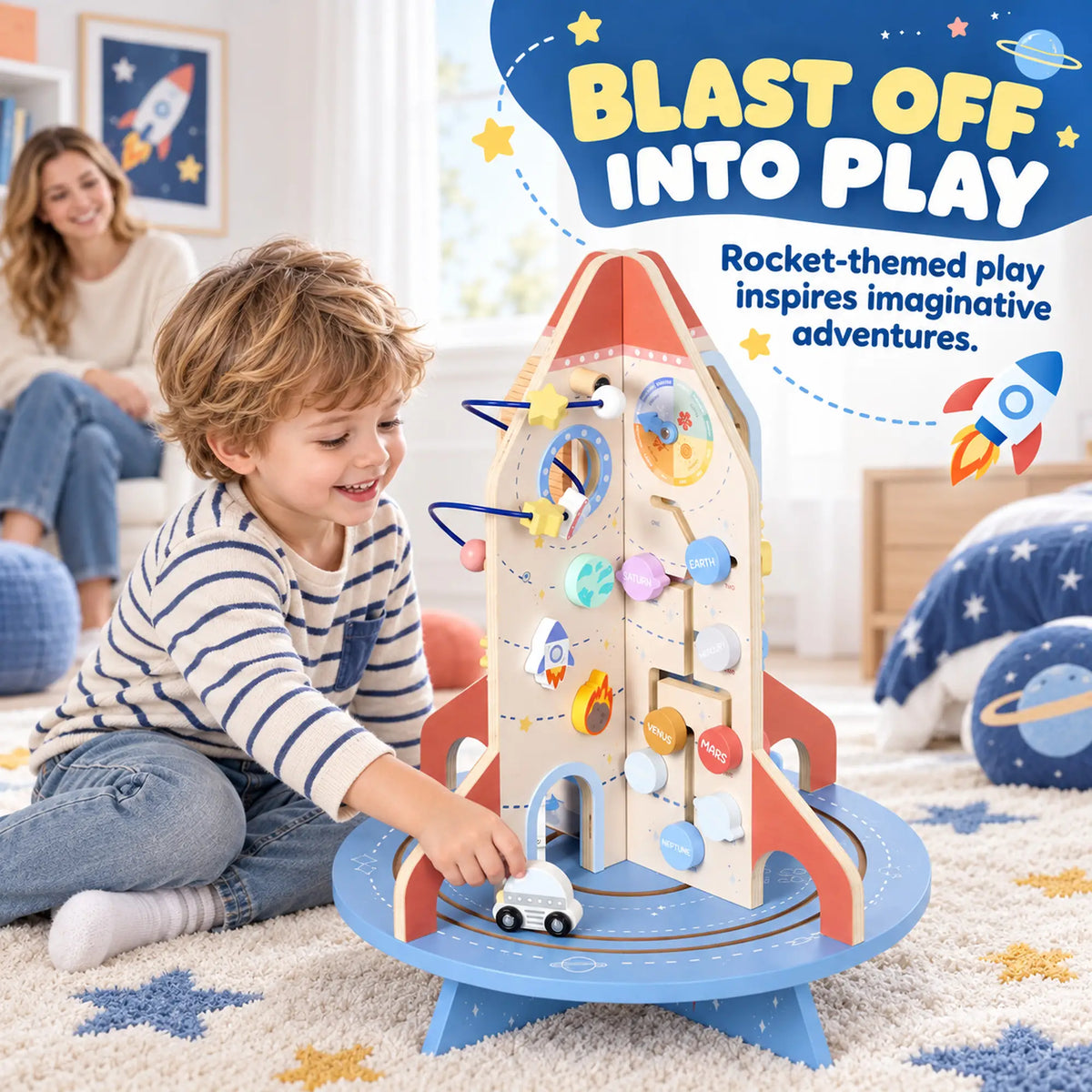 Cube d'activité en bois fusée, trieur de formes et labyrinthe de perles pour tout-petits 24M-6Y