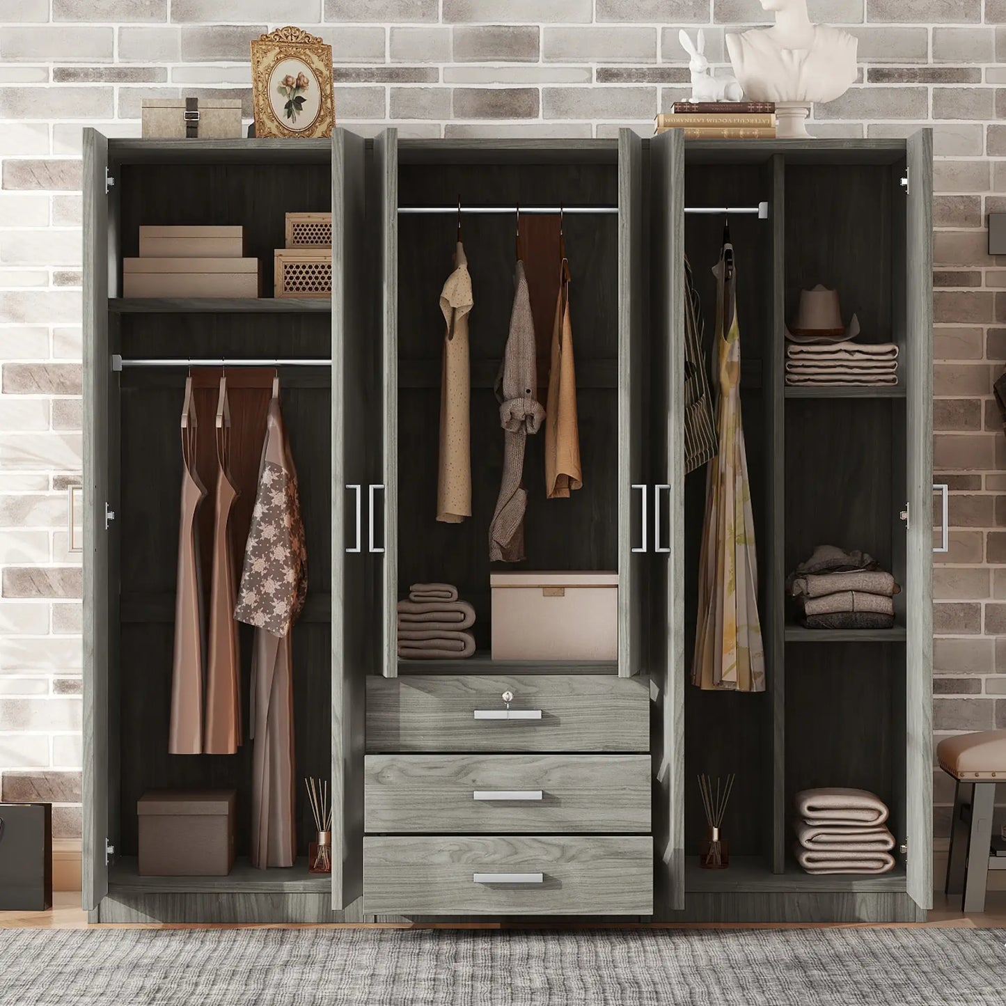 Wooden Wardrobe, 3 Drawers, MDF, Compact, 71" L x 19" W x 68" H, Grey Clothing Storage at Gallery Canada