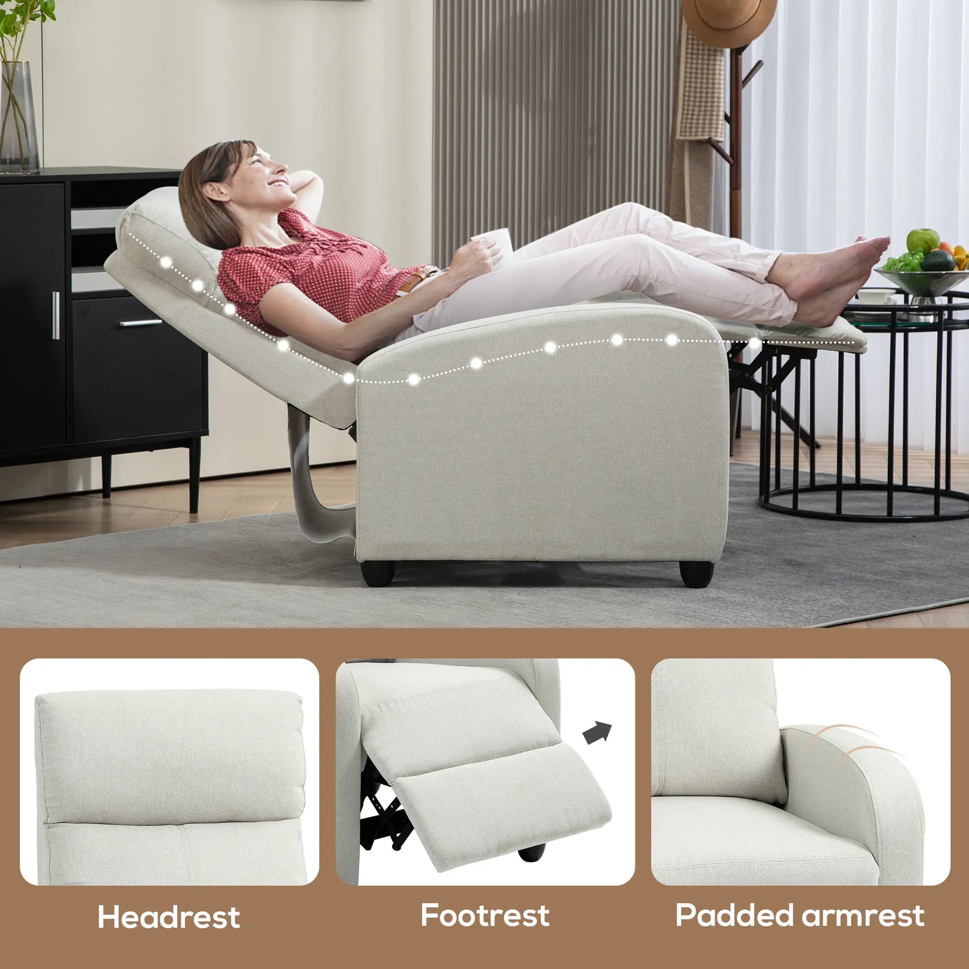 Fabric Recliner Chair, Manual Reclining Sofa, Padded Seat, Cream White Single Sofas at Gallery Canada