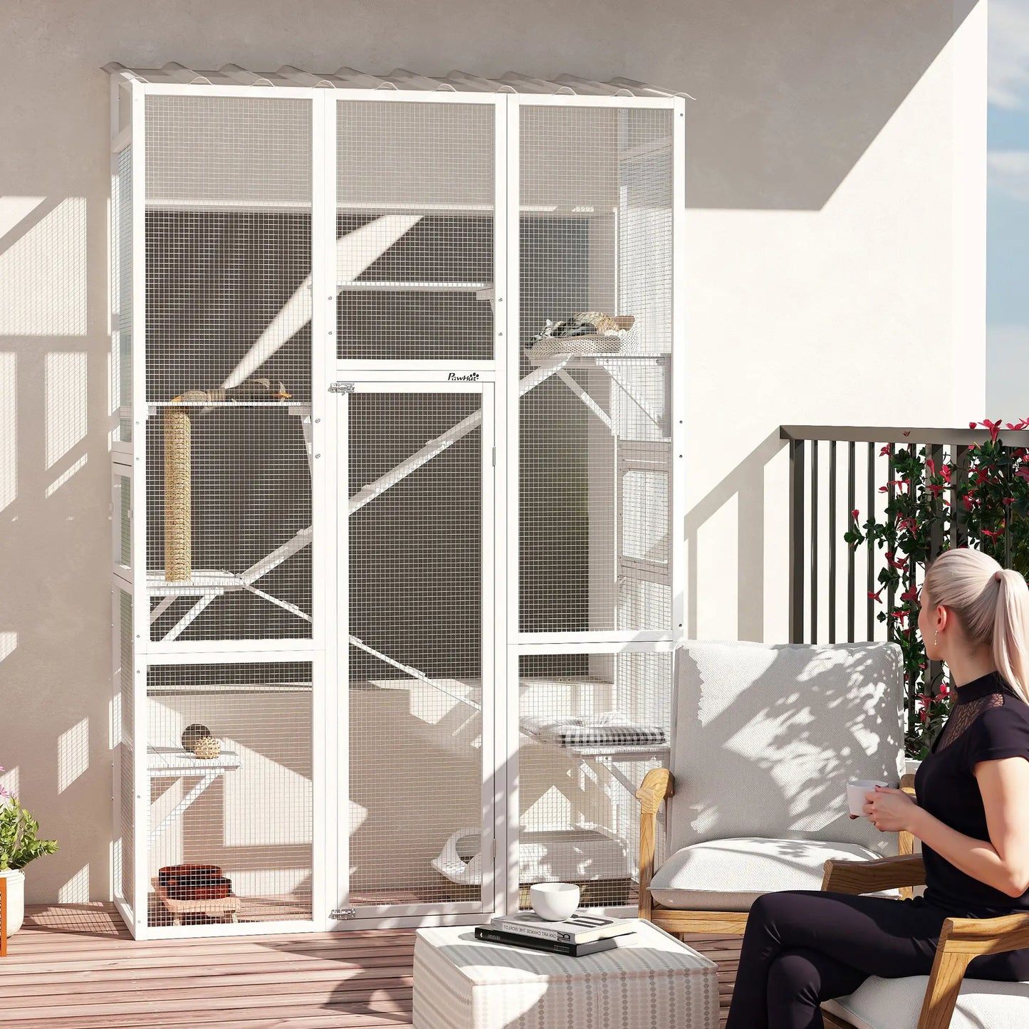 Wooden Catio Outdoor Cat Enclosure, 6 Platforms, Scratching Post, 2 Ramps, Waterproof Roof, White Outdoor Cat Enclosures at Gallery Canada