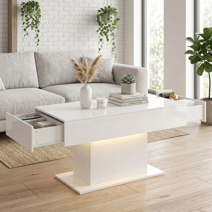 LED Coffee Table with Storage, High Gloss Modern Center Table with 2 Drawers and Remote Control for Living Room, White