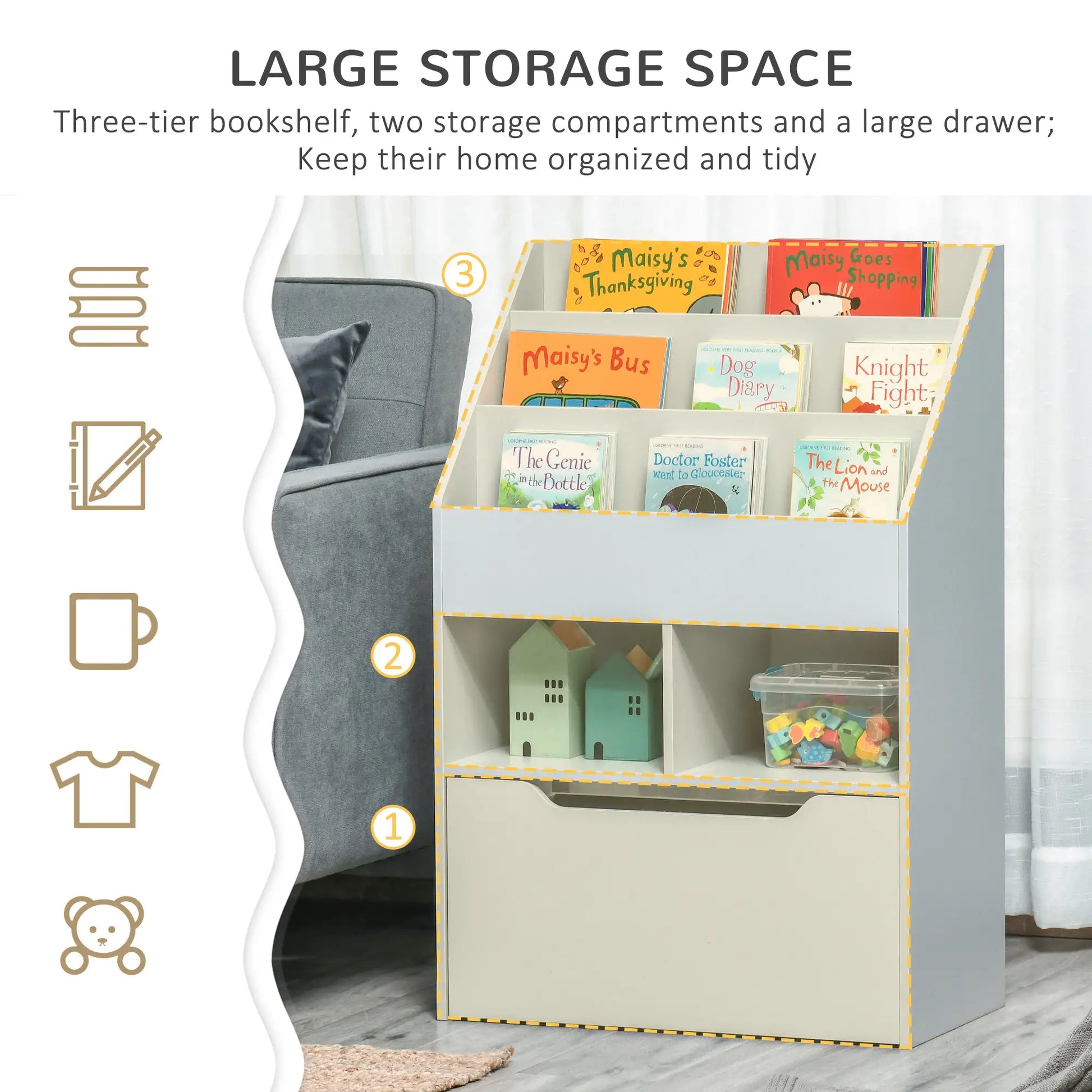 Kids Bookcase, Multi-Shelf Organizer with Drawer, Grey Baby & Kids Storage at Gallery Canada