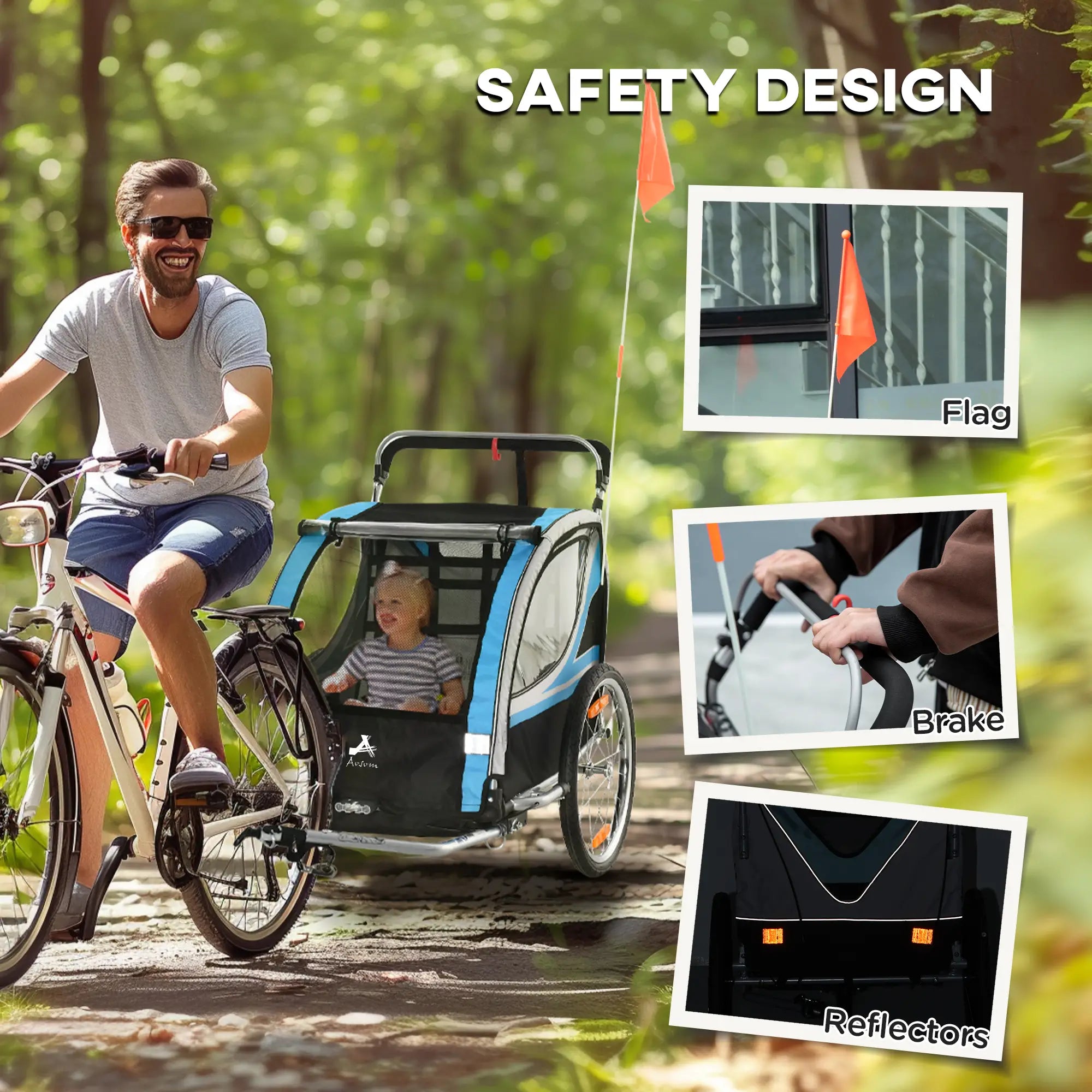 2 Seat Bike Trailer, Double Jogging Stroller, Handbrake, Rubber Wheels, Blue Kids Bike Trailers at Gallery Canada