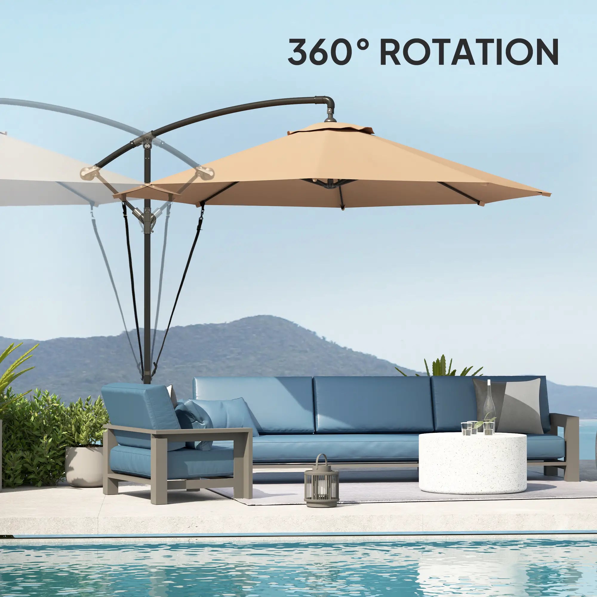 9.5' Cantilever Umbrella With Wind Strap, Cover, Crank, Cross Base, Khaki Offset Cantilever Umbrellas at Gallery Canada