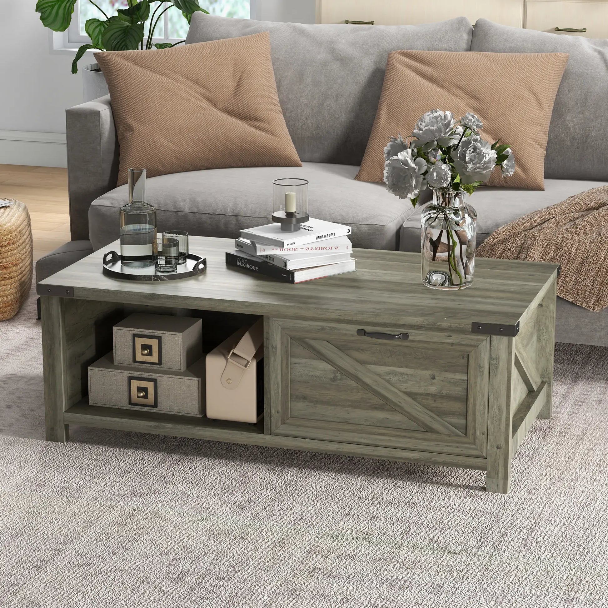 Farmhouse Coffee Table with Drawer, Storage Shelf, Grey Coffee Tables at Gallery Canada