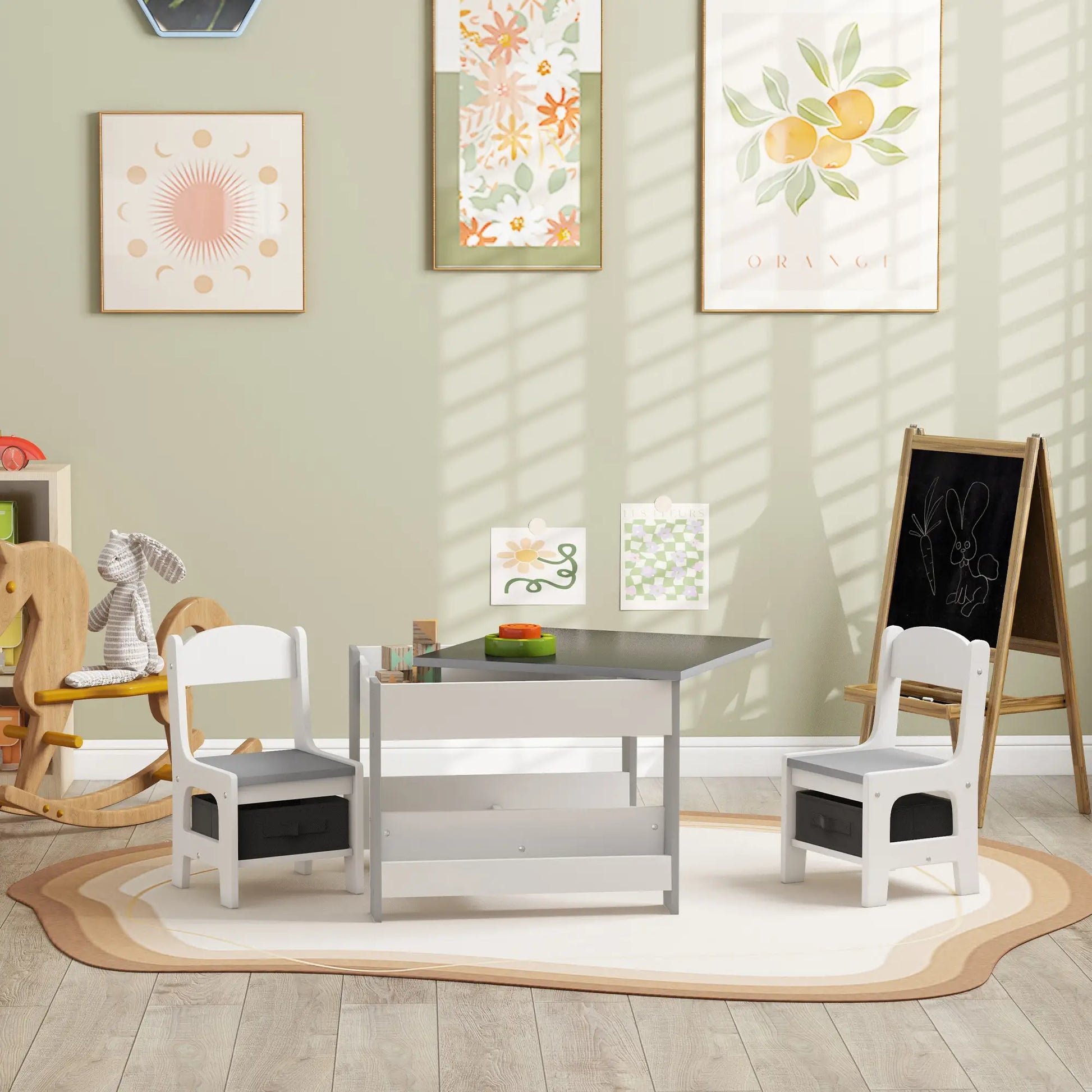 3 Piece Kids Table and Chair Set, Reversible Tabletop, Blackboard, Storage, Grey Kids Table Sets at Gallery Canada