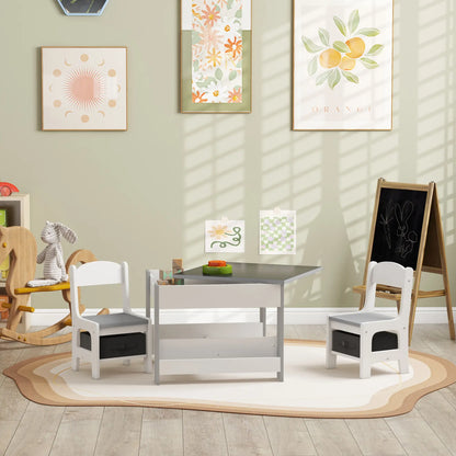 3 Piece Kids Table and Chair Set, Reversible Tabletop, Blackboard, Storage, Grey Kids Table Sets at Gallery Canada