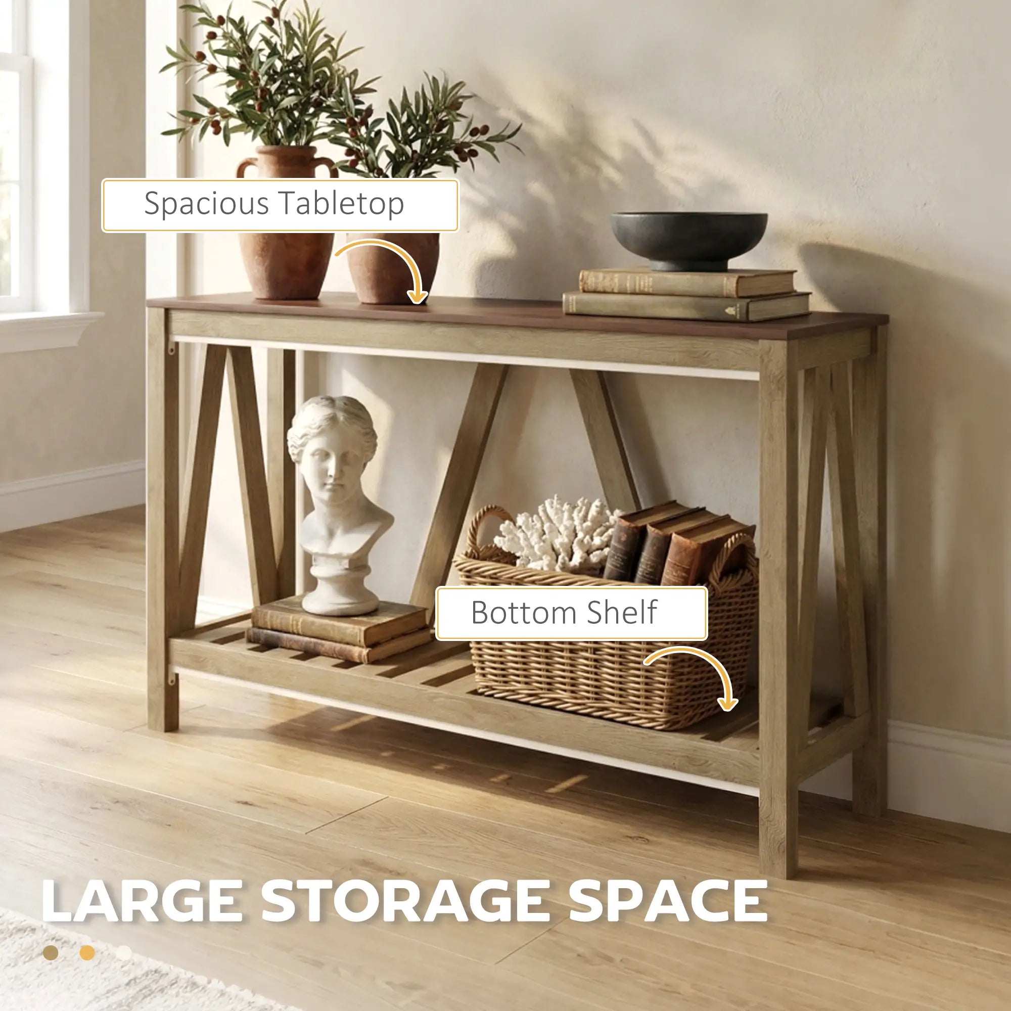 Farmhouse Console Table with Storage Shelf, Rustic Sofa Table, Oak Console Tables at Gallery Canada